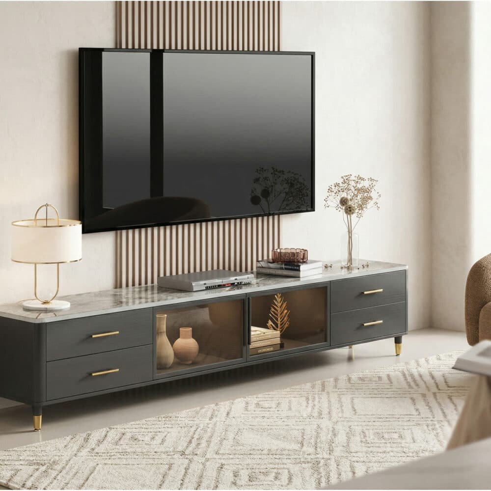 White-Black Stone Cabinet TV Stand with Lighting - scene - 相册图 #4 White-Black Stone Cabinet TV Stand with Lighting 相册图 #4 scene