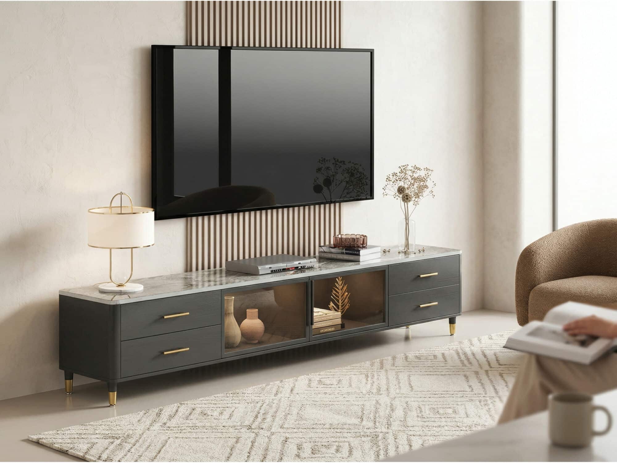 White-Black Stone Cabinet TV Stand with Lighting - scene - 相册图 #4 White-Black Stone Cabinet TV Stand with Lighting 相册图 #4 scene