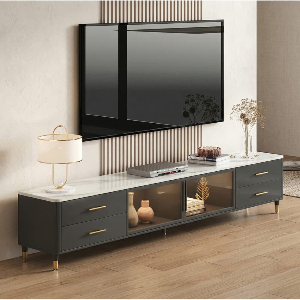White-Black Stone Cabinet TV Stand with Lighting - scene - 相册图 #5 White-Black Stone Cabinet TV Stand with Lighting 相册图 #5 scene