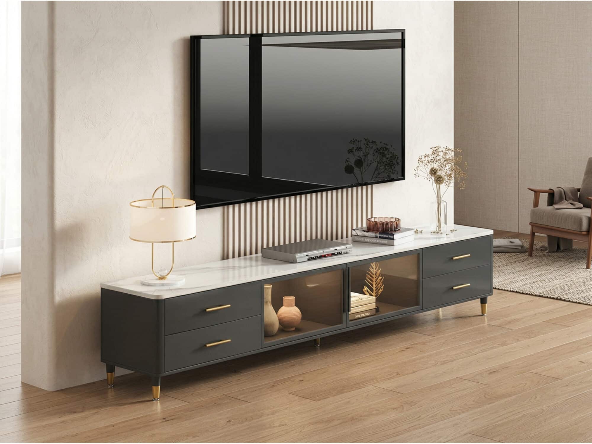 White-Black Stone Cabinet TV Stand with Lighting - scene - 相册图 #5 White-Black Stone Cabinet TV Stand with Lighting 相册图 #5 scene