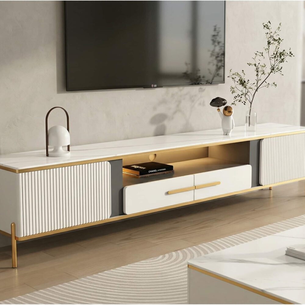 white-glass-open-storage-drawers-tv-stand-with-legs-1 White Glass Open Storage Drawers Tv Stand With Legs 1