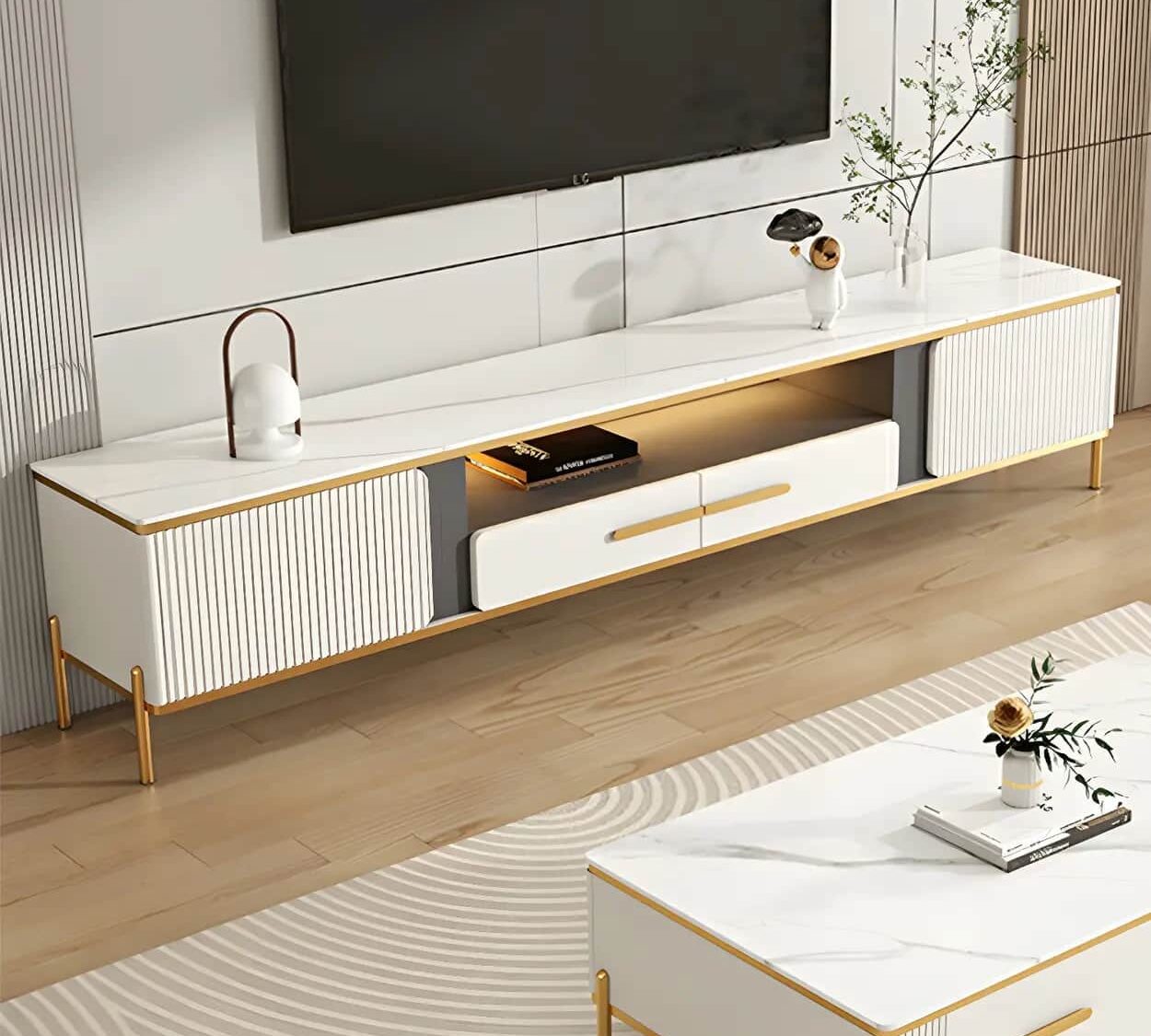 White Glass Open Storage Drawers Tv Stand With Legs 1