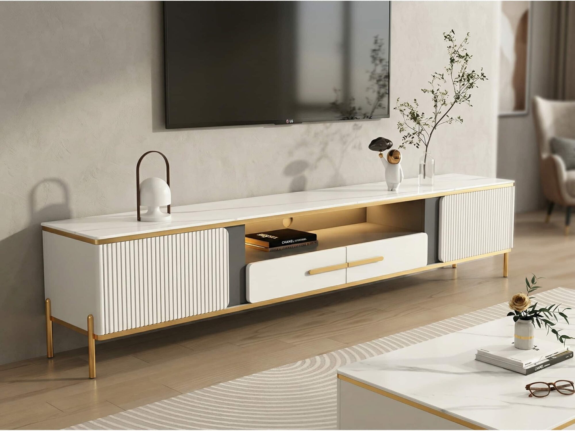 white-glass-open-storage-drawers-tv-stand-with-legs-1 White Glass Open Storage Drawers Tv Stand With Legs 1