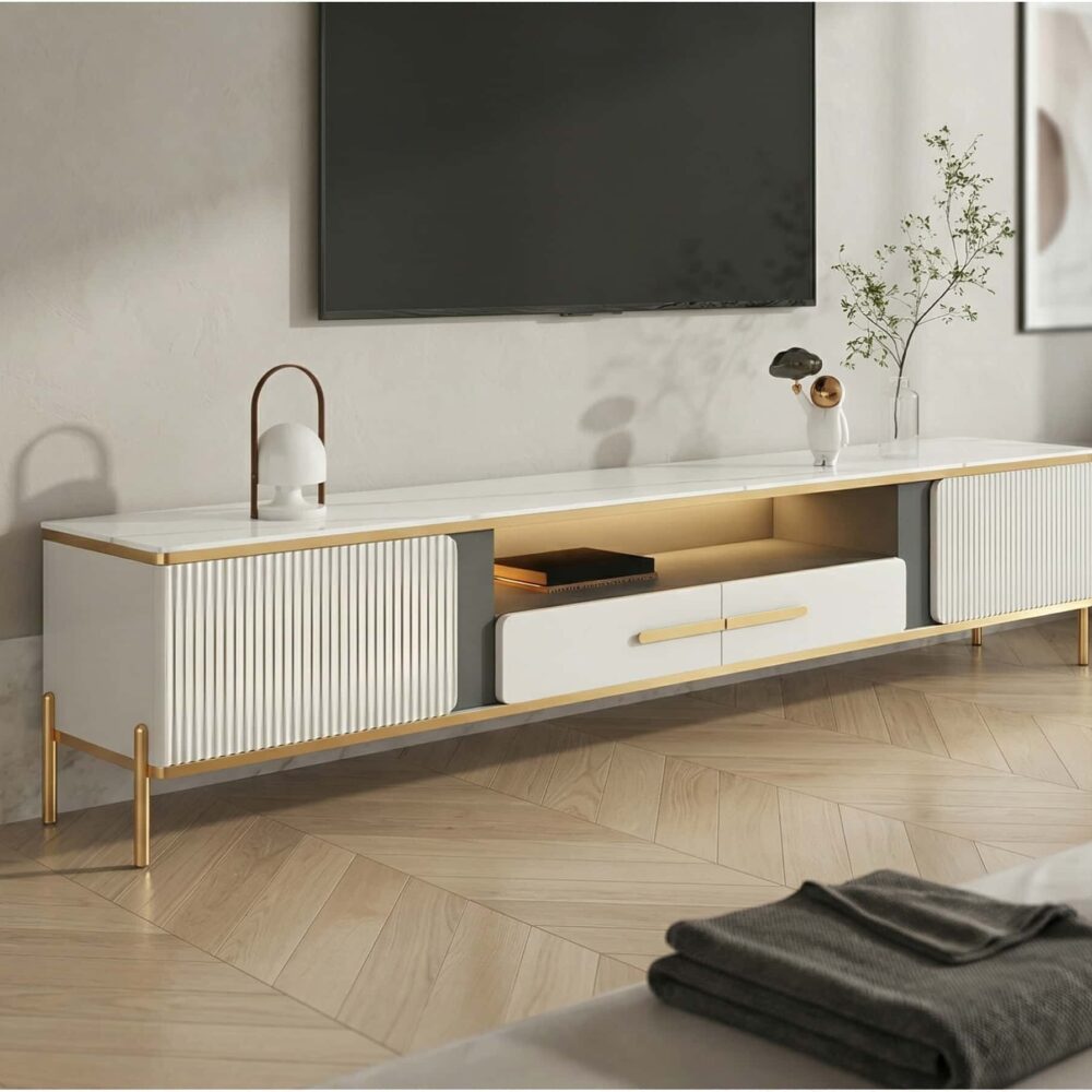 white-glass-open-storage-drawers-tv-stand-with-legs-3 White Glass Open Storage Drawers Tv Stand With Legs 3