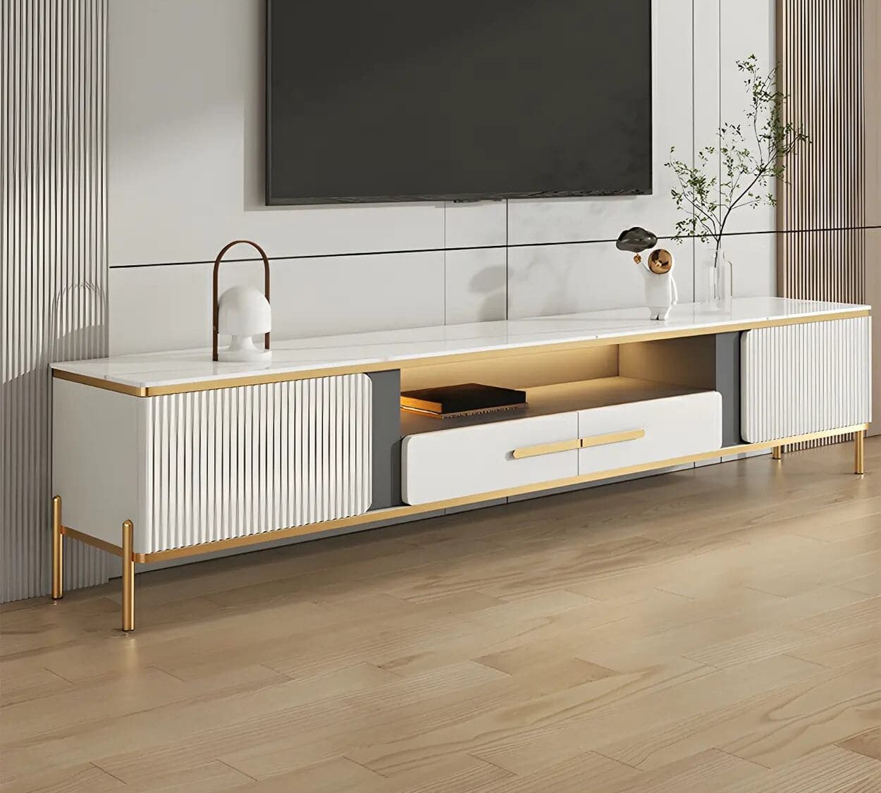 White Glass Open Storage Drawers Tv Stand With Legs 3