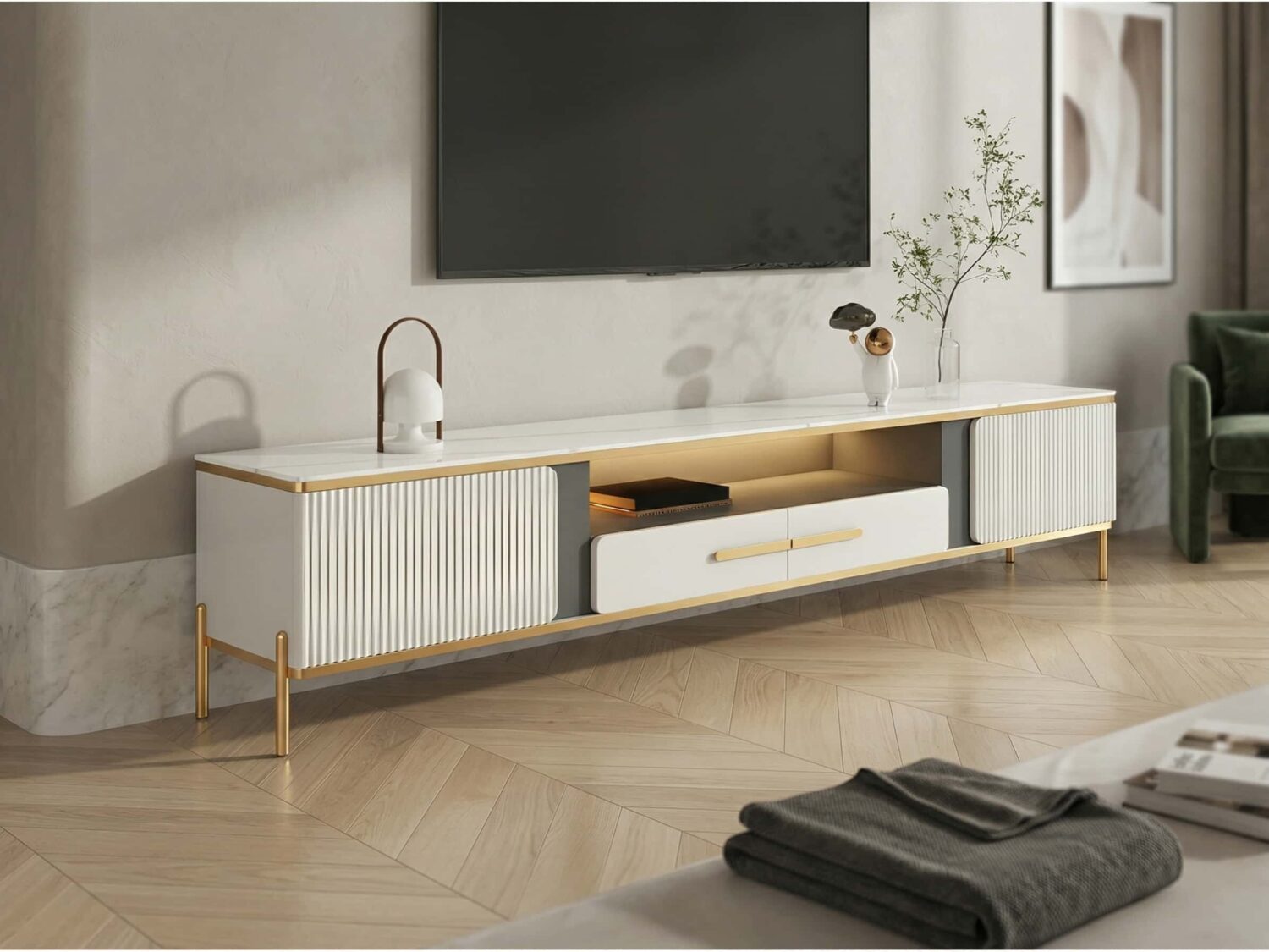 White Glass Open Storage Drawers Tv Stand With Legs 3