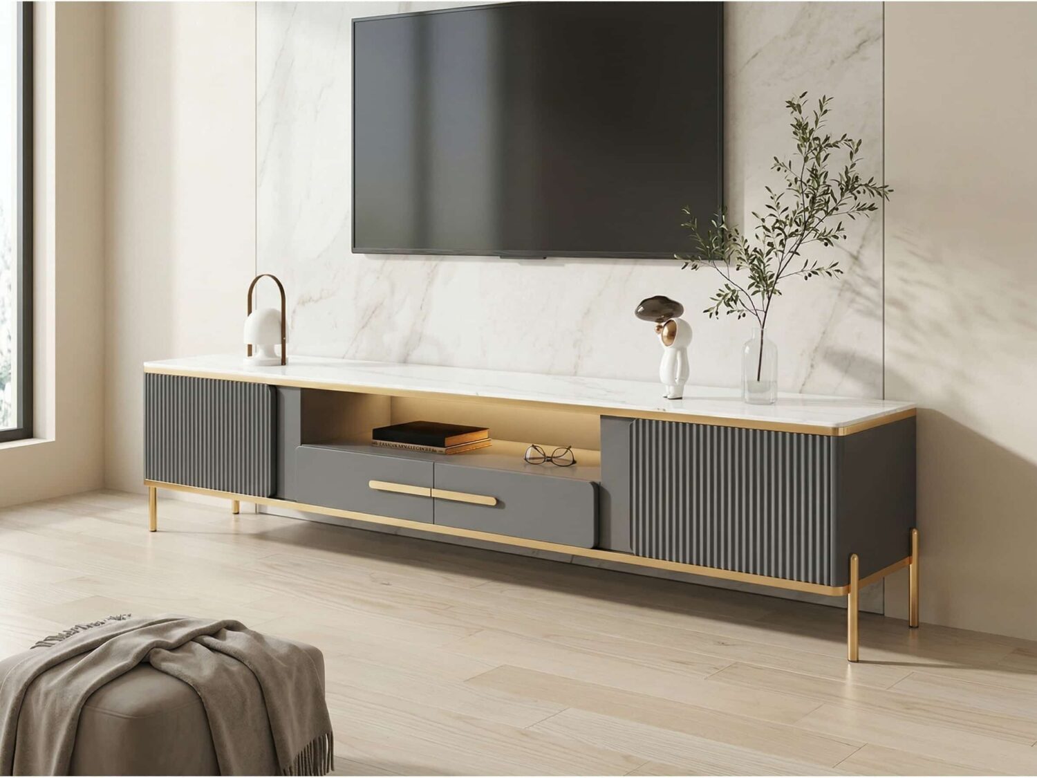 White Glass Open Storage Drawers Tv Stand With Legs 7