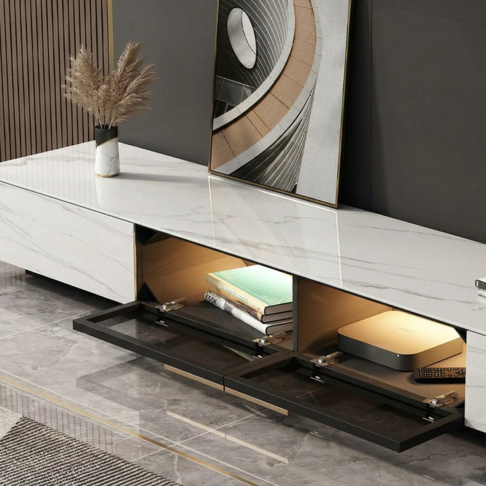 White Stone Drawers Cabinet TV Stand with Lighting - resized - 相册图 #7 White Stone Drawers Cabinet TV Stand with Lighting 相册图 #7 resized