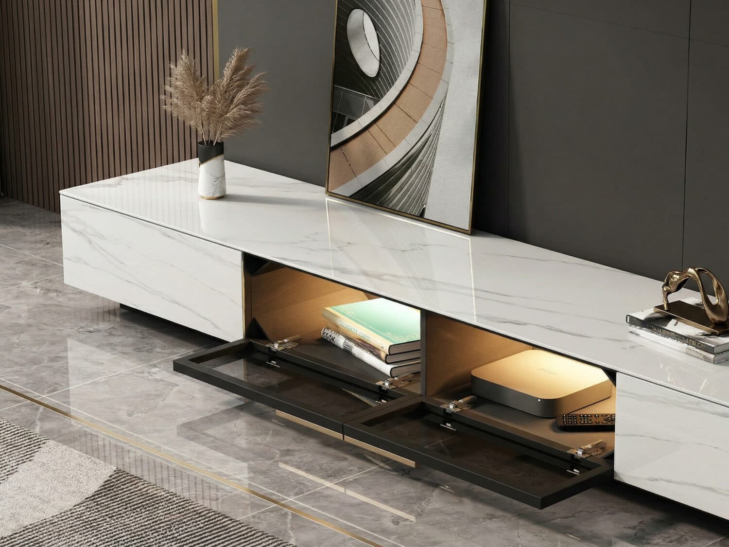 White Stone Drawers Cabinet TV Stand with Lighting 相册图 #7 resized