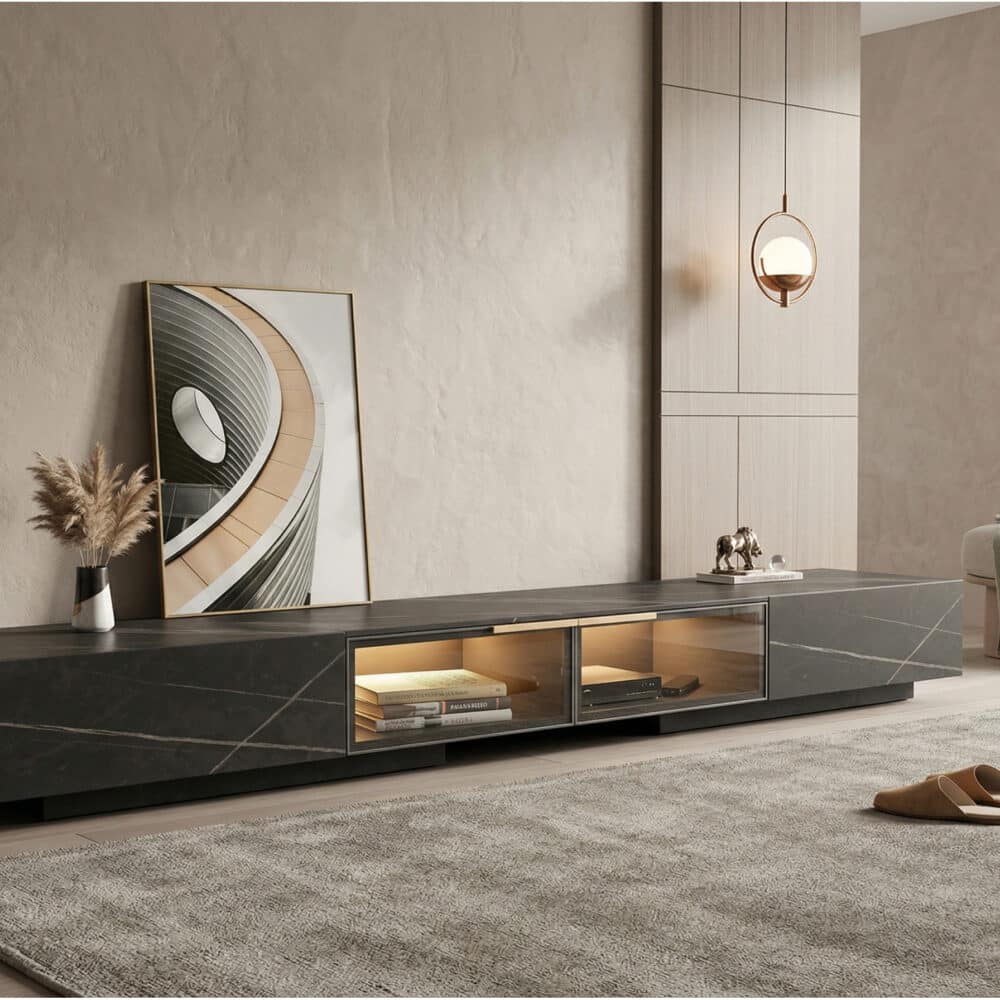 White Stone Drawers Cabinet TV Stand with Lighting - scene - 变体图 / color: Black / size: 71"L x 14"W x 11"H White Stone Drawers Cabinet TV Stand with Lighting 变体图 / color: Black / size: 71"L x 14"W x 11"H scene