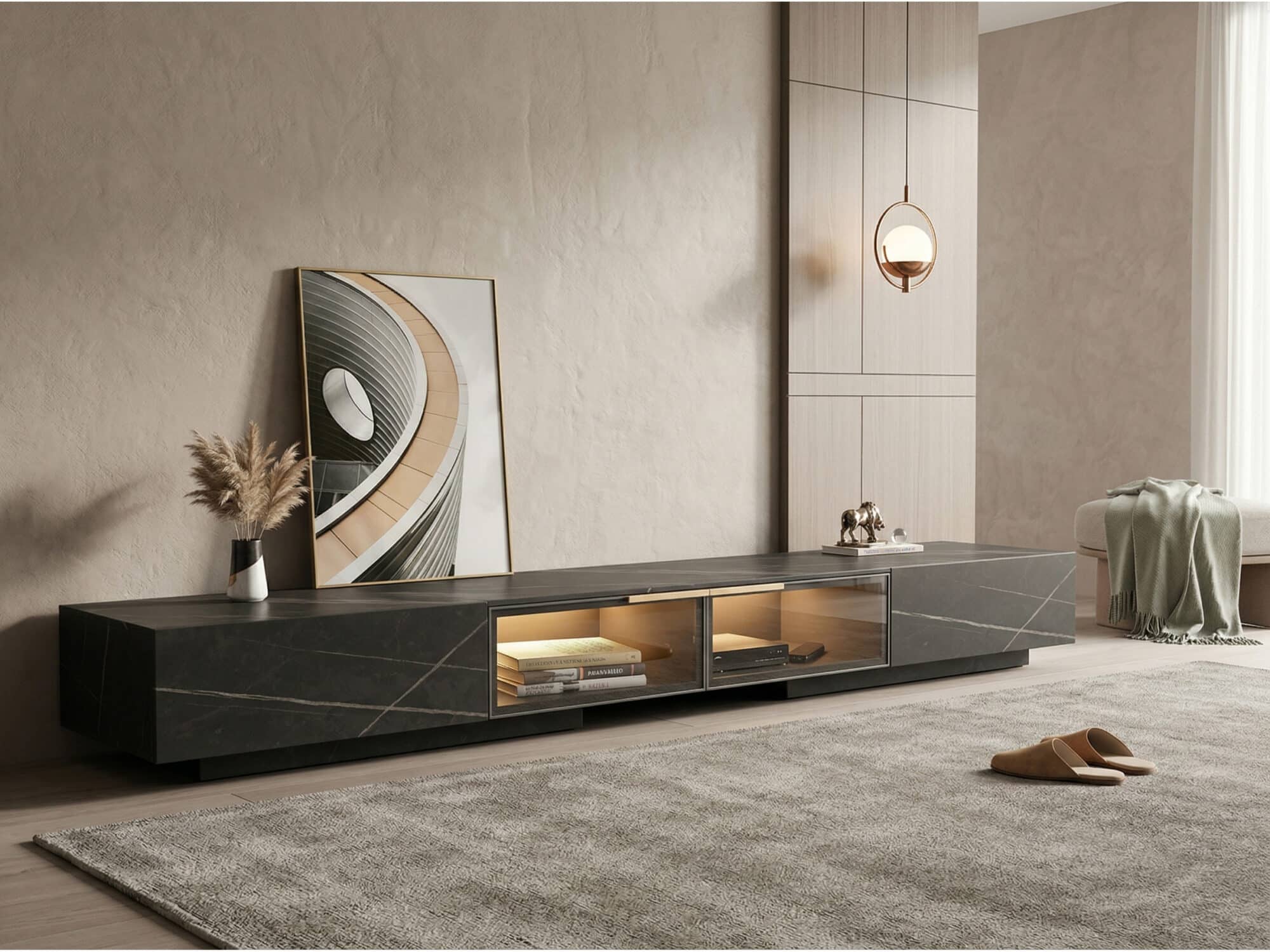 White Stone Drawers Cabinet TV Stand with Lighting - scene - 变体图 / color: Black / size: 71"L x 14"W x 11"H White Stone Drawers Cabinet TV Stand with Lighting 变体图 / color: Black / size: 71"L x 14"W x 11"H scene