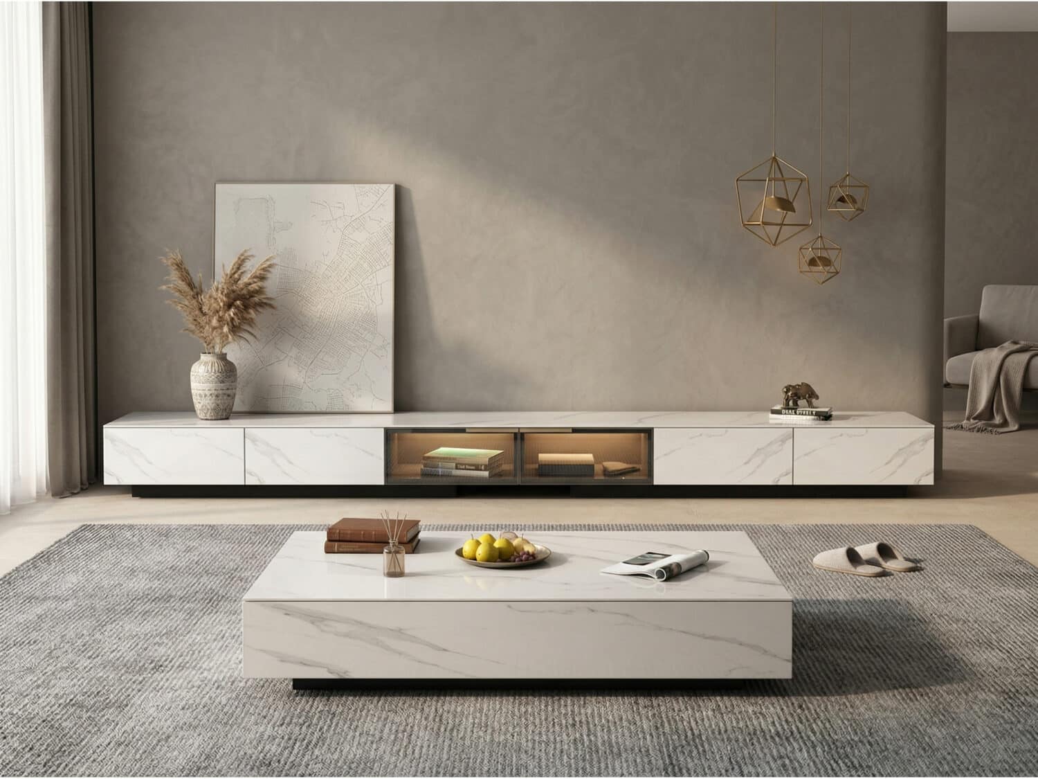 White Stone Drawers Cabinet TV Stand with Lighting - scene - 商品主图 White Stone Drawers Cabinet TV Stand with Lighting 商品主图 scene