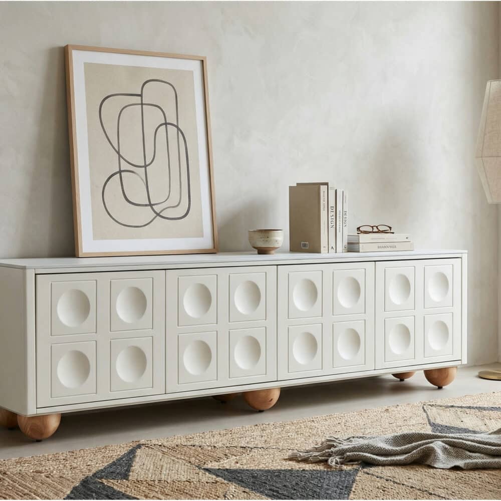 White Stone Rectangle Shelves Cabinet Long TV Stand - scene - 商品主图 White Stone Rectangle Shelves Cabinet Long TV Stand 商品主图 scene