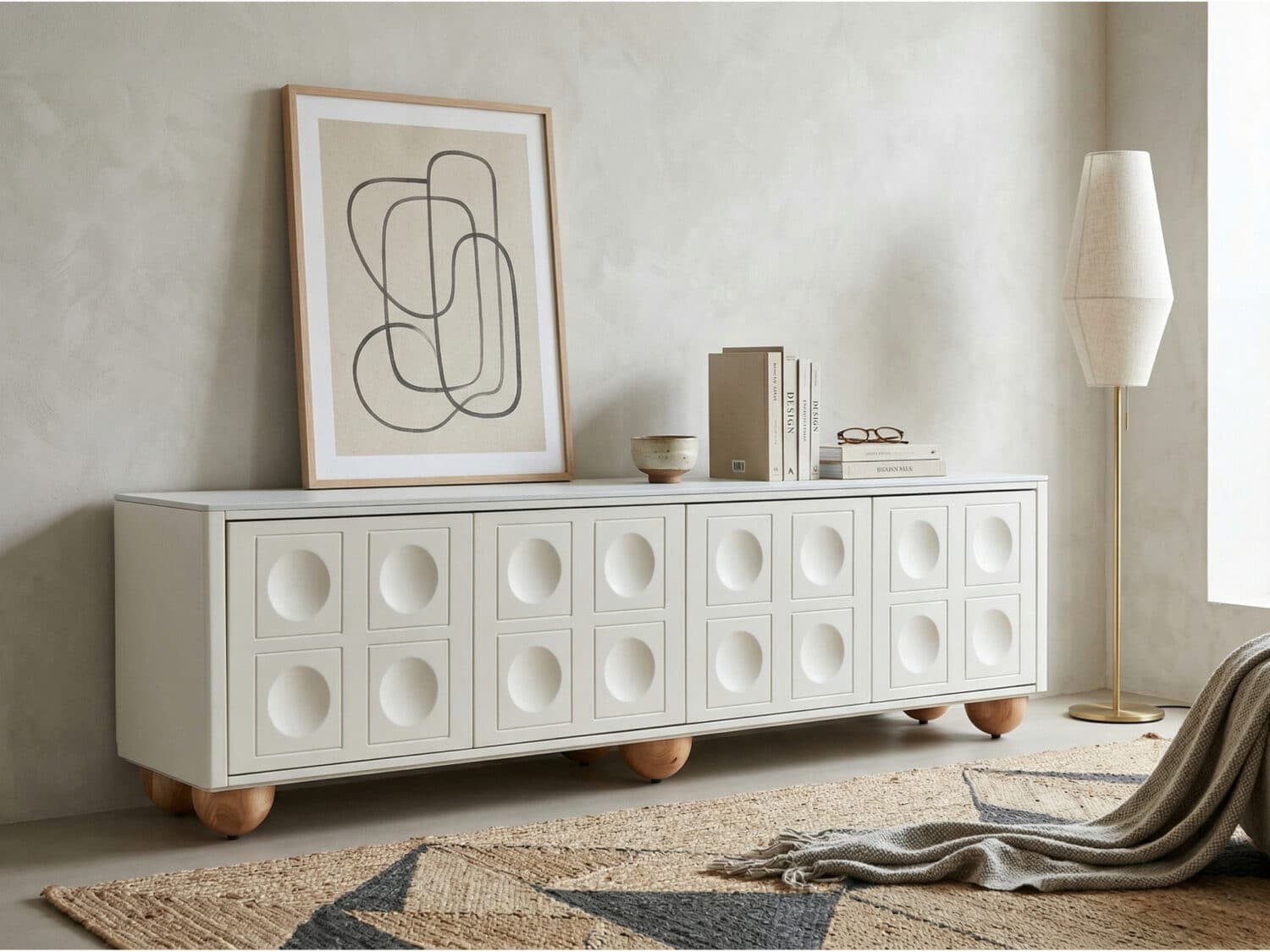 White Stone Rectangle Shelves Cabinet Long TV Stand 商品主图 scene