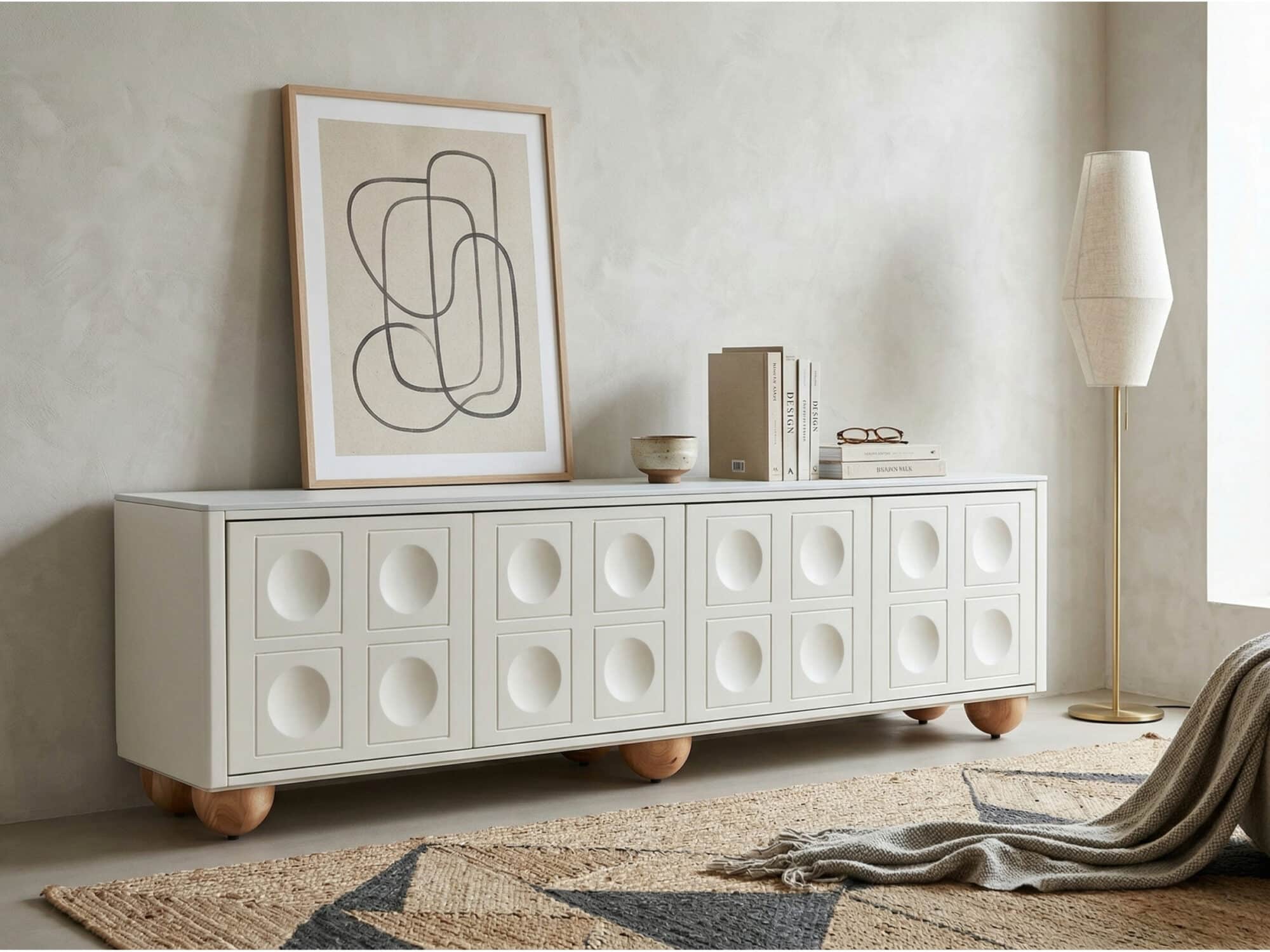 White Stone Rectangle Shelves Cabinet Long TV Stand - scene - 商品主图 White Stone Rectangle Shelves Cabinet Long TV Stand 商品主图 scene