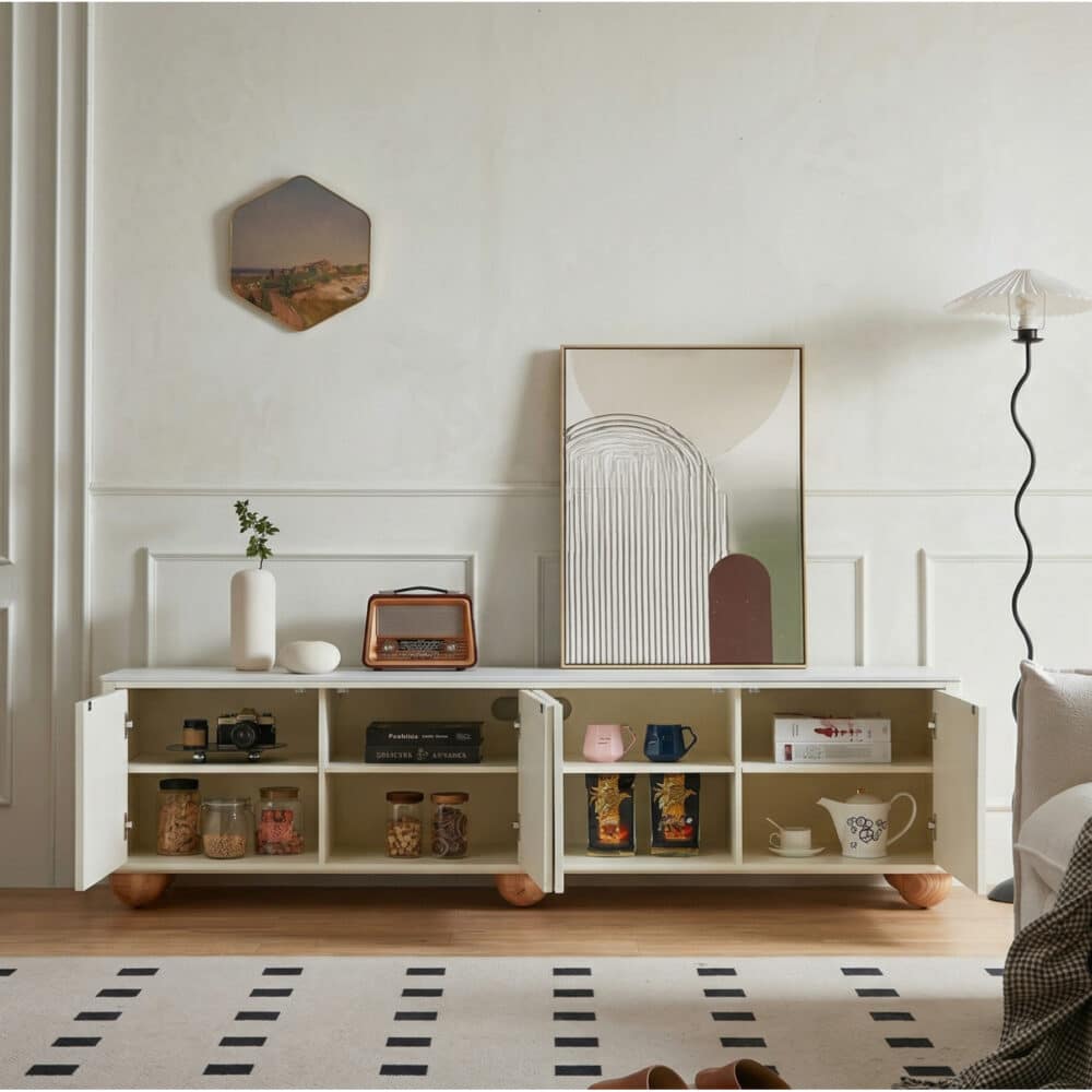 White Stone Rectangle Shelves Cabinet Long TV Stand - scene - 相册图 #3 White Stone Rectangle Shelves Cabinet Long TV Stand 相册图 #3 scene