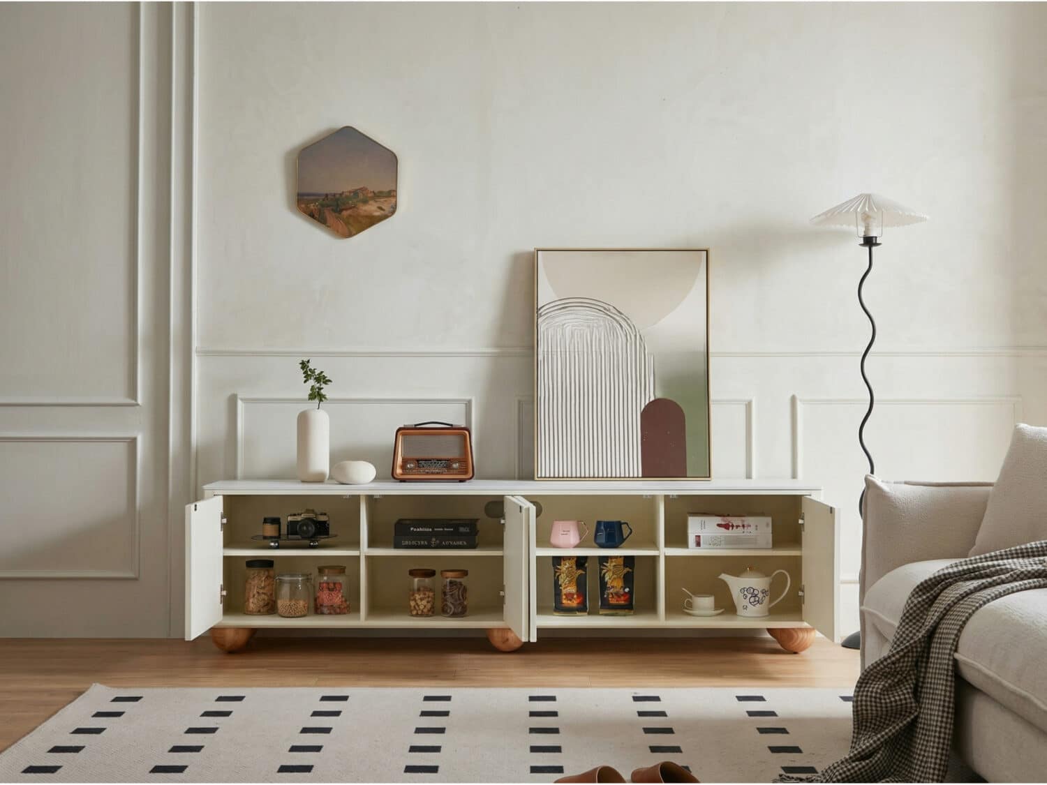 White Stone Rectangle Shelves Cabinet Long TV Stand 相册图 #3 scene