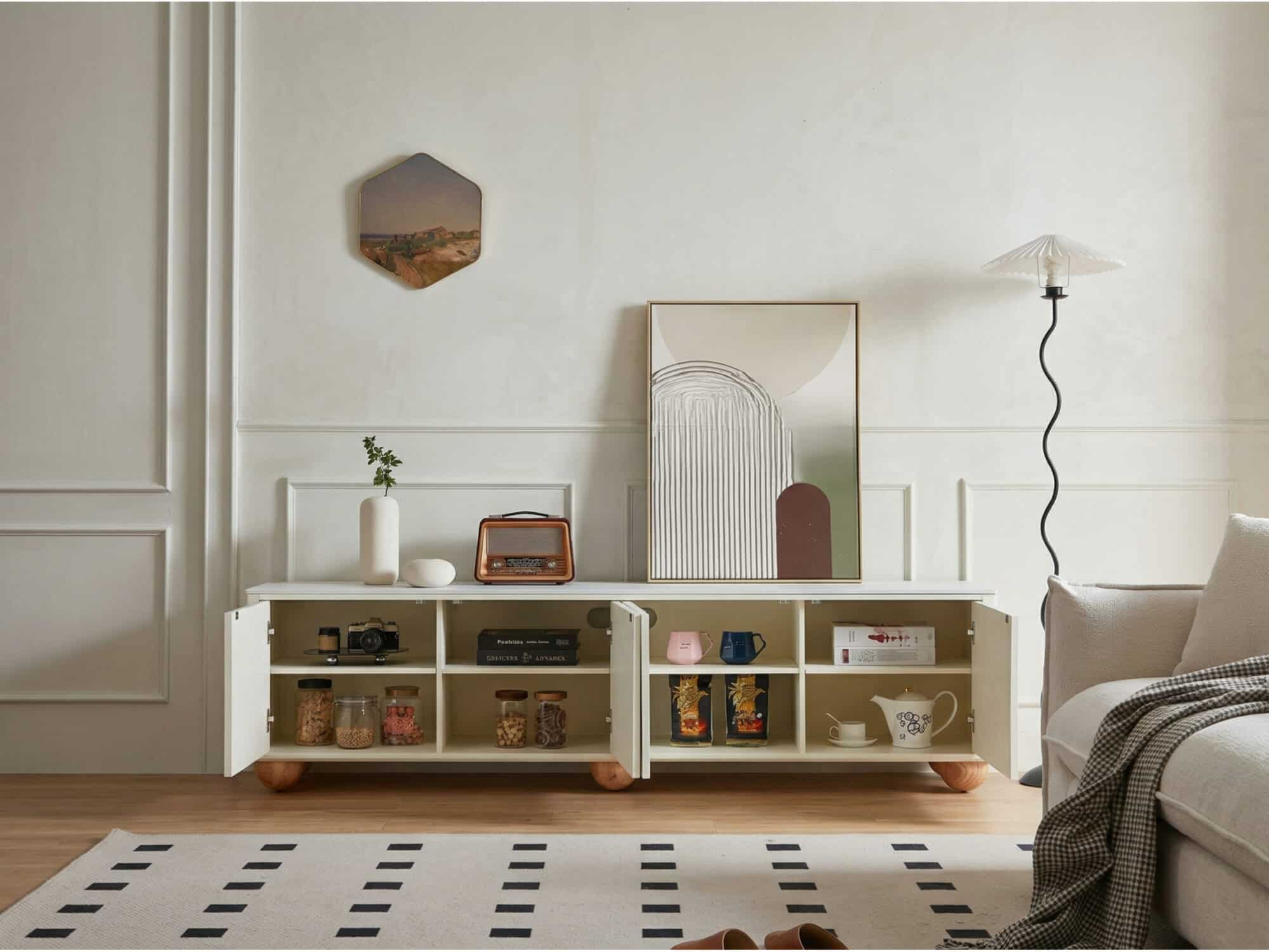 White Stone Rectangle Shelves Cabinet Long TV Stand - scene - 相册图 #3 White Stone Rectangle Shelves Cabinet Long TV Stand 相册图 #3 scene