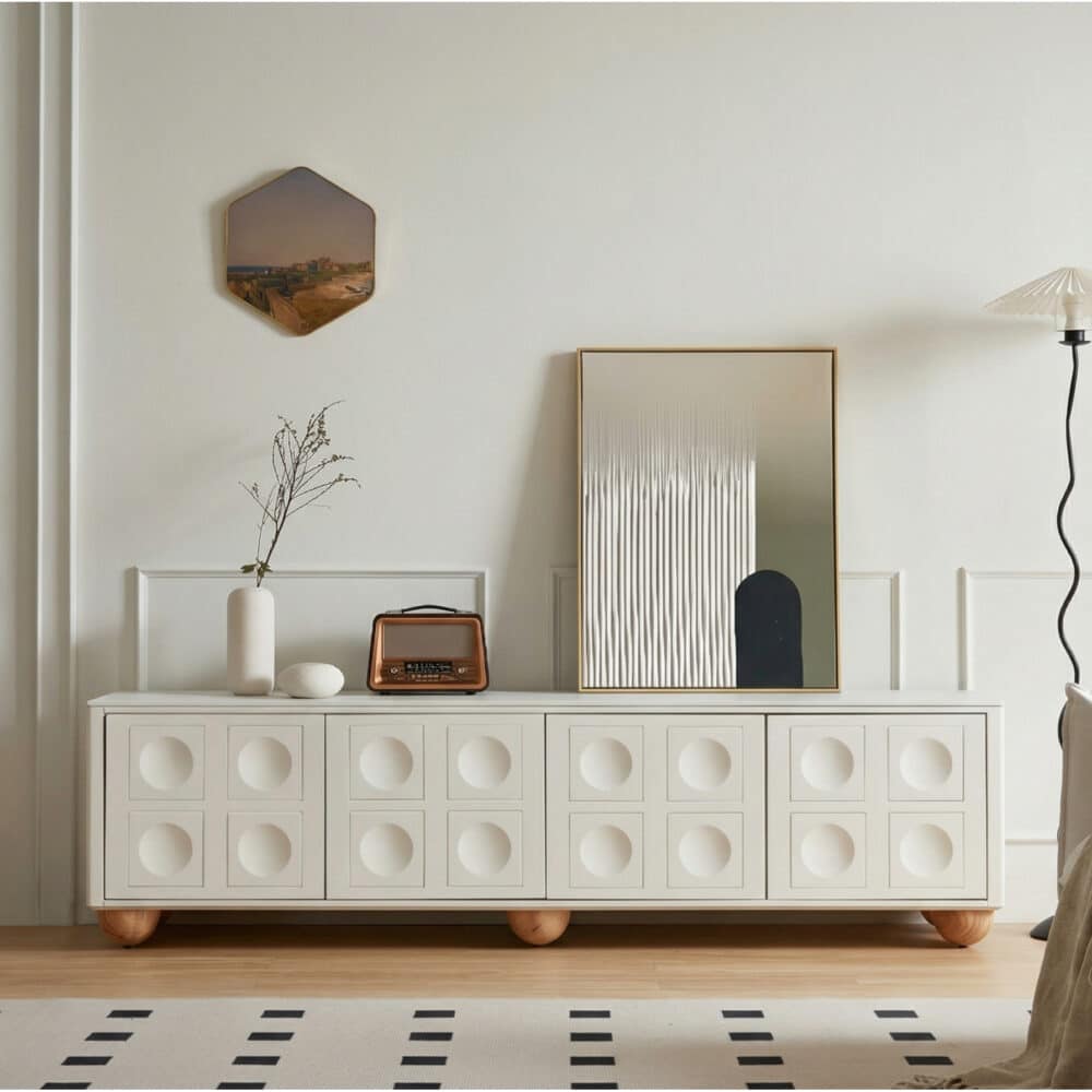 White Stone Rectangle Shelves Cabinet Long TV Stand - scene - 相册图 #4 White Stone Rectangle Shelves Cabinet Long TV Stand 相册图 #4 scene