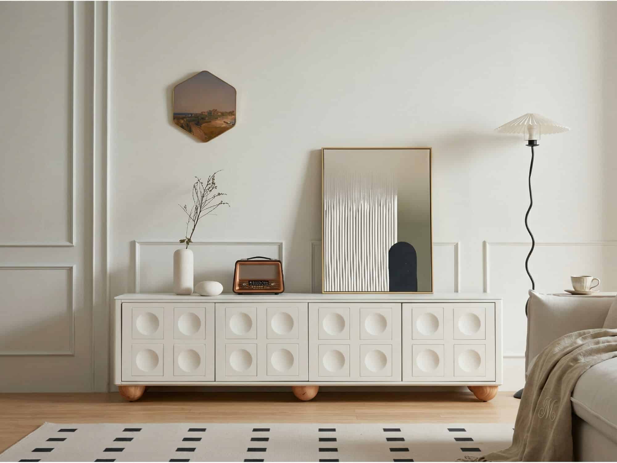 White Stone Rectangle Shelves Cabinet Long TV Stand - scene - 相册图 #4 White Stone Rectangle Shelves Cabinet Long TV Stand 相册图 #4 scene