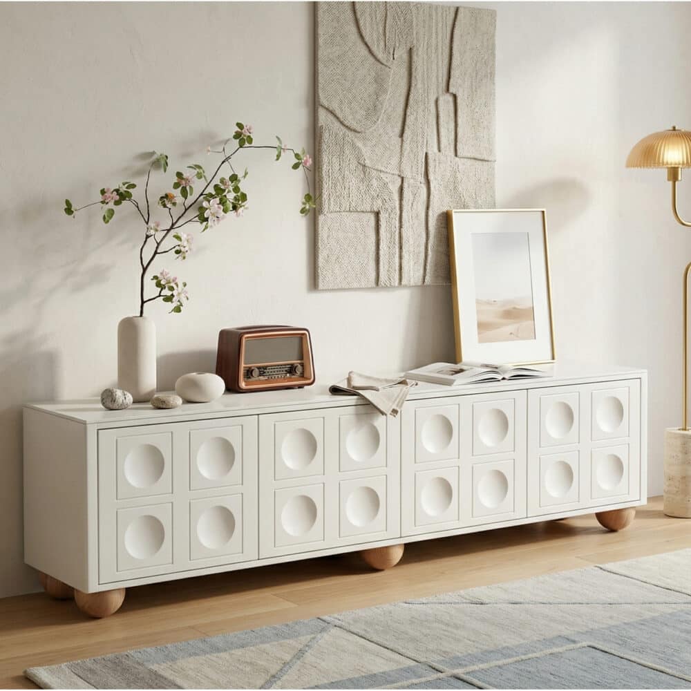 White Stone Rectangle Shelves Cabinet Long TV Stand - scene - 相册图 #5 White Stone Rectangle Shelves Cabinet Long TV Stand 相册图 #5 scene