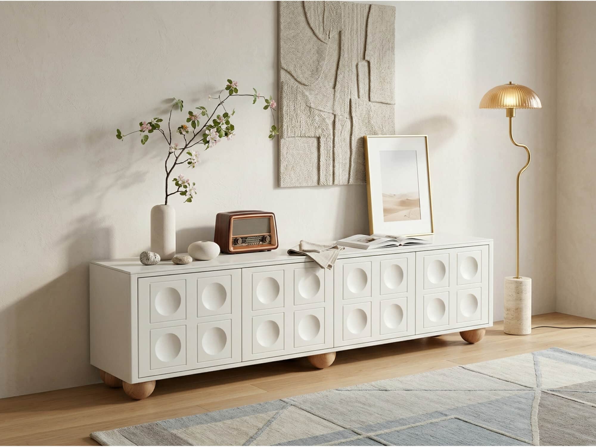 White Stone Rectangle Shelves Cabinet Long TV Stand - scene - 相册图 #5 White Stone Rectangle Shelves Cabinet Long TV Stand 相册图 #5 scene