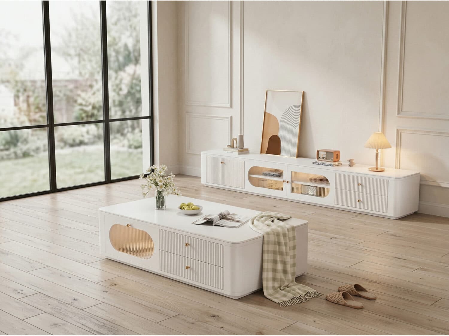 White Stone Rectangle Storage TV Stand with Lighting - scene - 商品主图 White Stone Rectangle Storage TV Stand with Lighting 商品主图 scene