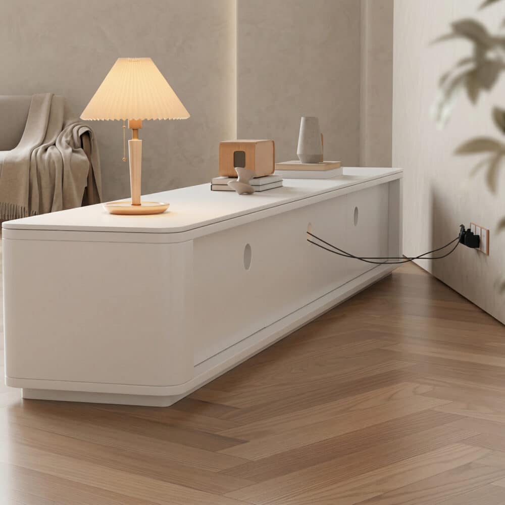 White Stone Rectangle Storage TV Stand with Lighting - scene - 相册图 #1 White Stone Rectangle Storage TV Stand with Lighting 相册图 #1 scene