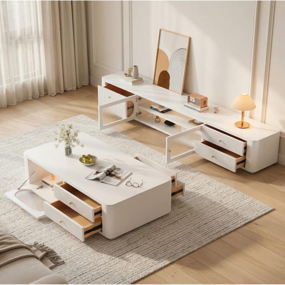 White Stone Rectangle Storage TV Stand with Lighting - scene - 相册图 #2 White Stone Rectangle Storage TV Stand with Lighting 相册图 #2 scene