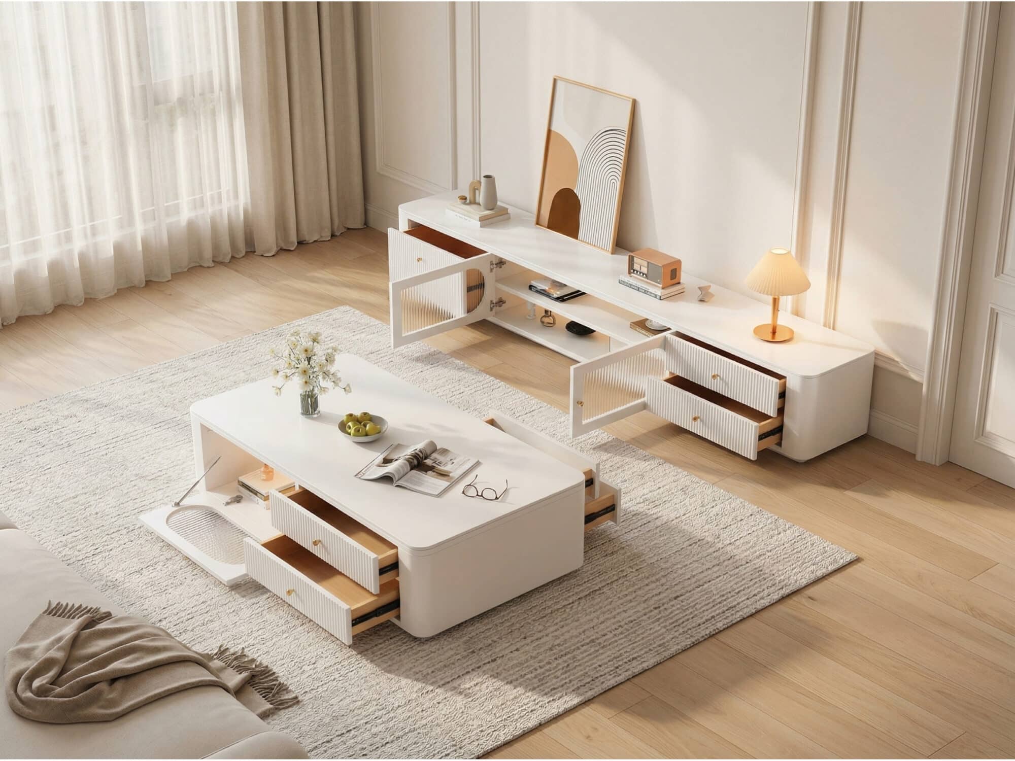 White Stone Rectangle Storage TV Stand with Lighting - scene - 相册图 #2 White Stone Rectangle Storage TV Stand with Lighting 相册图 #2 scene