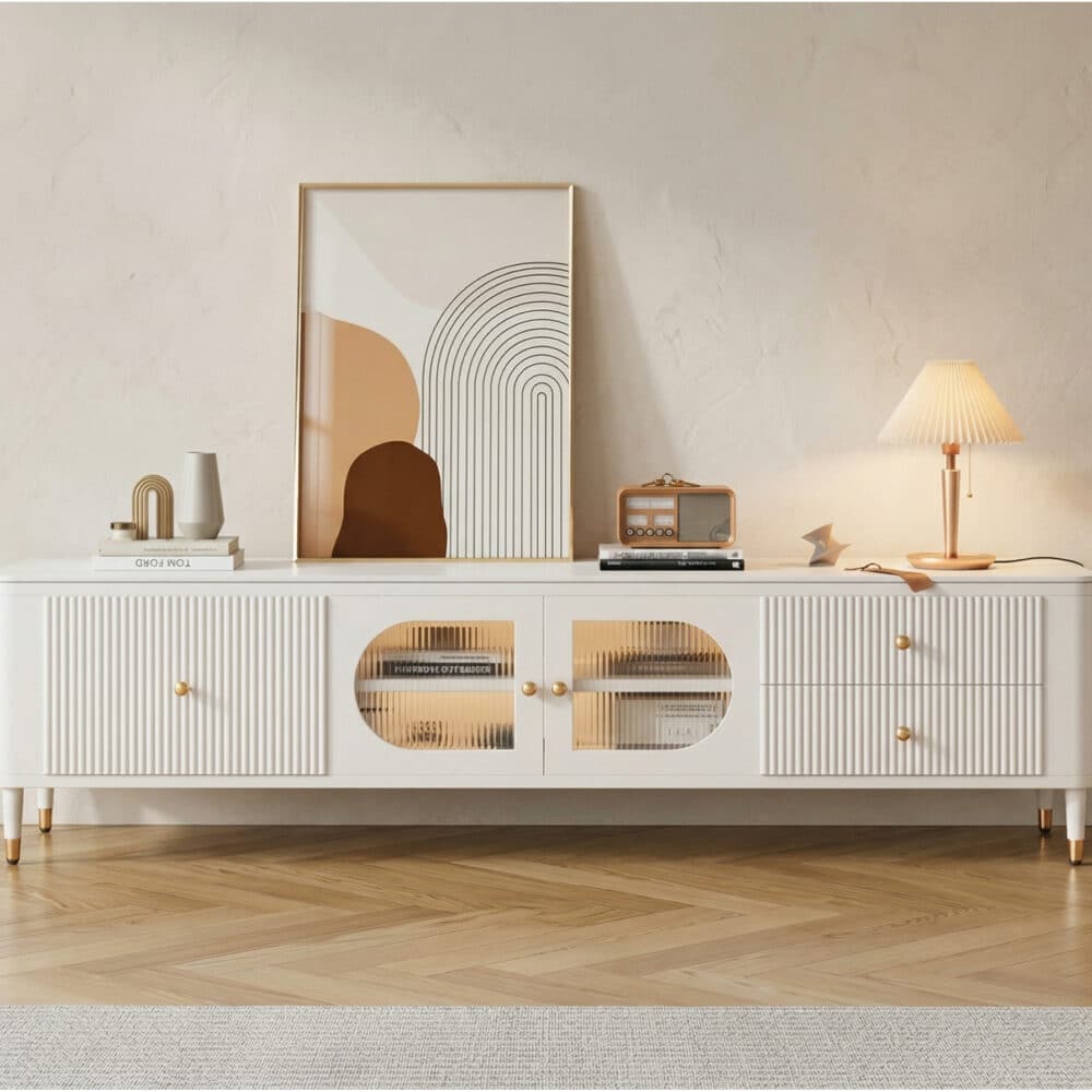 White Stone Rectangle Storage TV Stand with Lighting - scene - 相册图 #3 White Stone Rectangle Storage TV Stand with Lighting 相册图 #3 scene