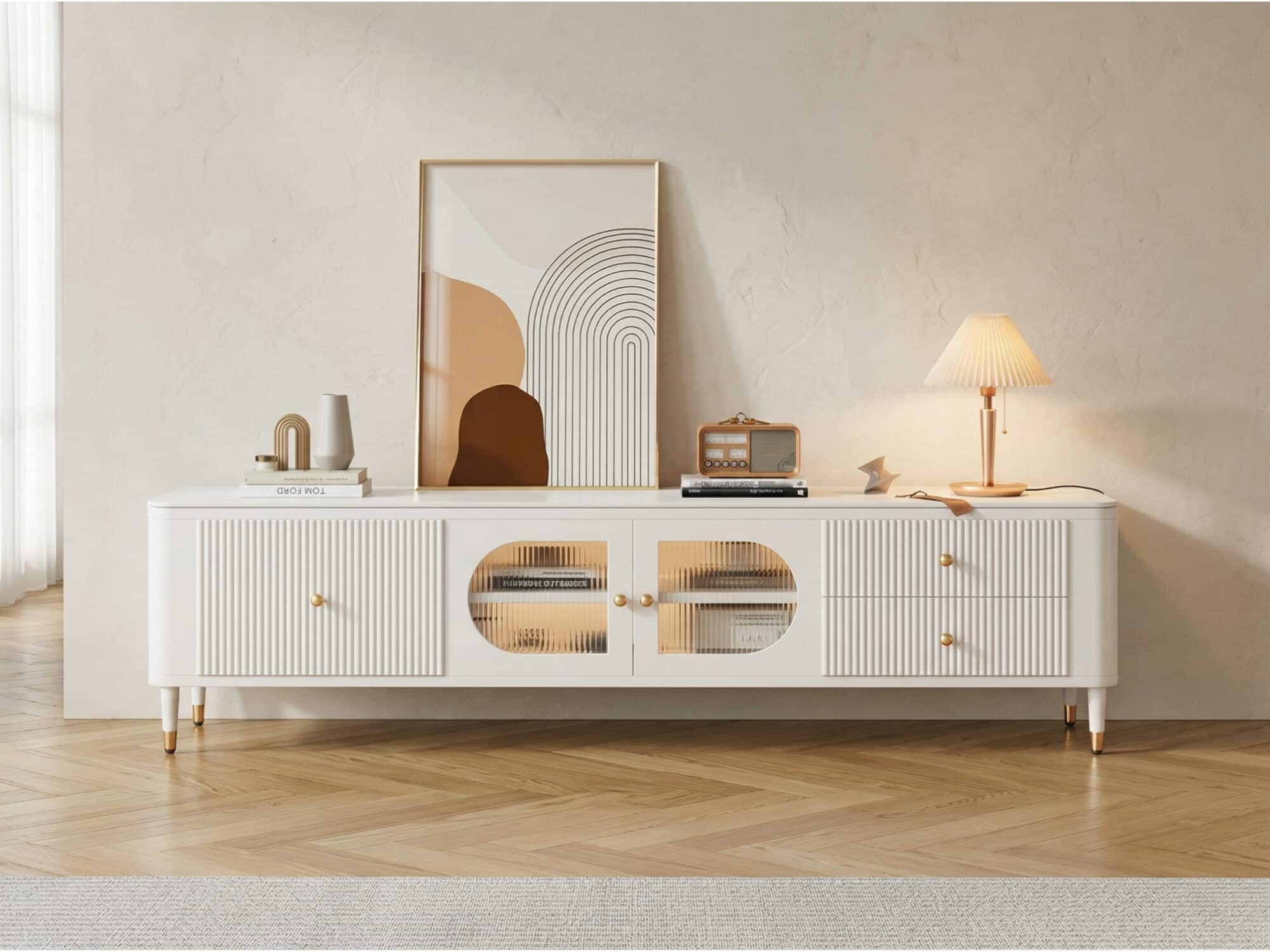 White Stone Rectangle Storage TV Stand with Lighting - scene - 相册图 #3 White Stone Rectangle Storage TV Stand with Lighting 相册图 #3 scene