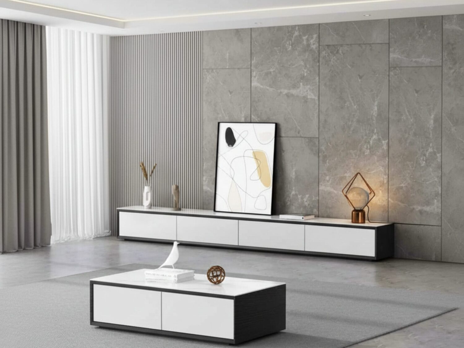 White Wood Slate Long Tv Stand With Drawers 1