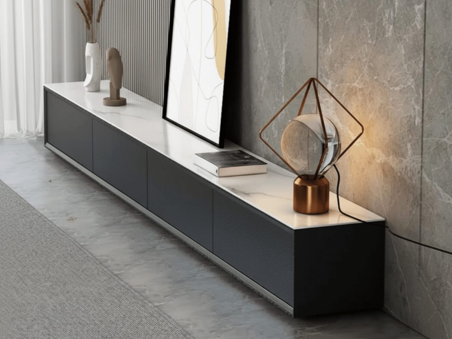 White Wood Slate Long Tv Stand With Drawers 2