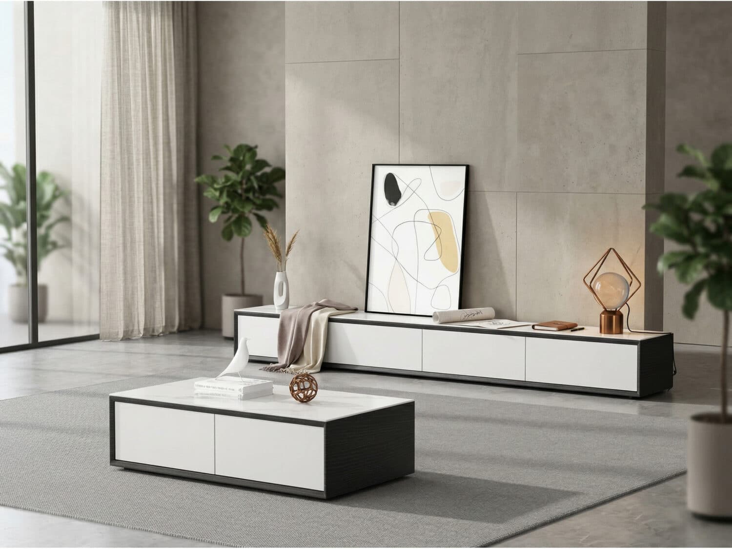 White Wood Slate Long TV Stand with Drawers 商品主图 scene