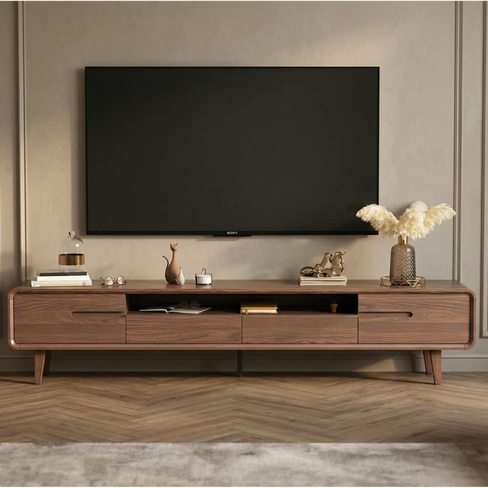 70.2'' Modern Walnut TV Stand Low Profile Wooden Media Console with Storage - scene - 商品主图 70.2'' Modern Walnut TV Stand Low Profile Wooden Media Console with Storage 商品主图 scene