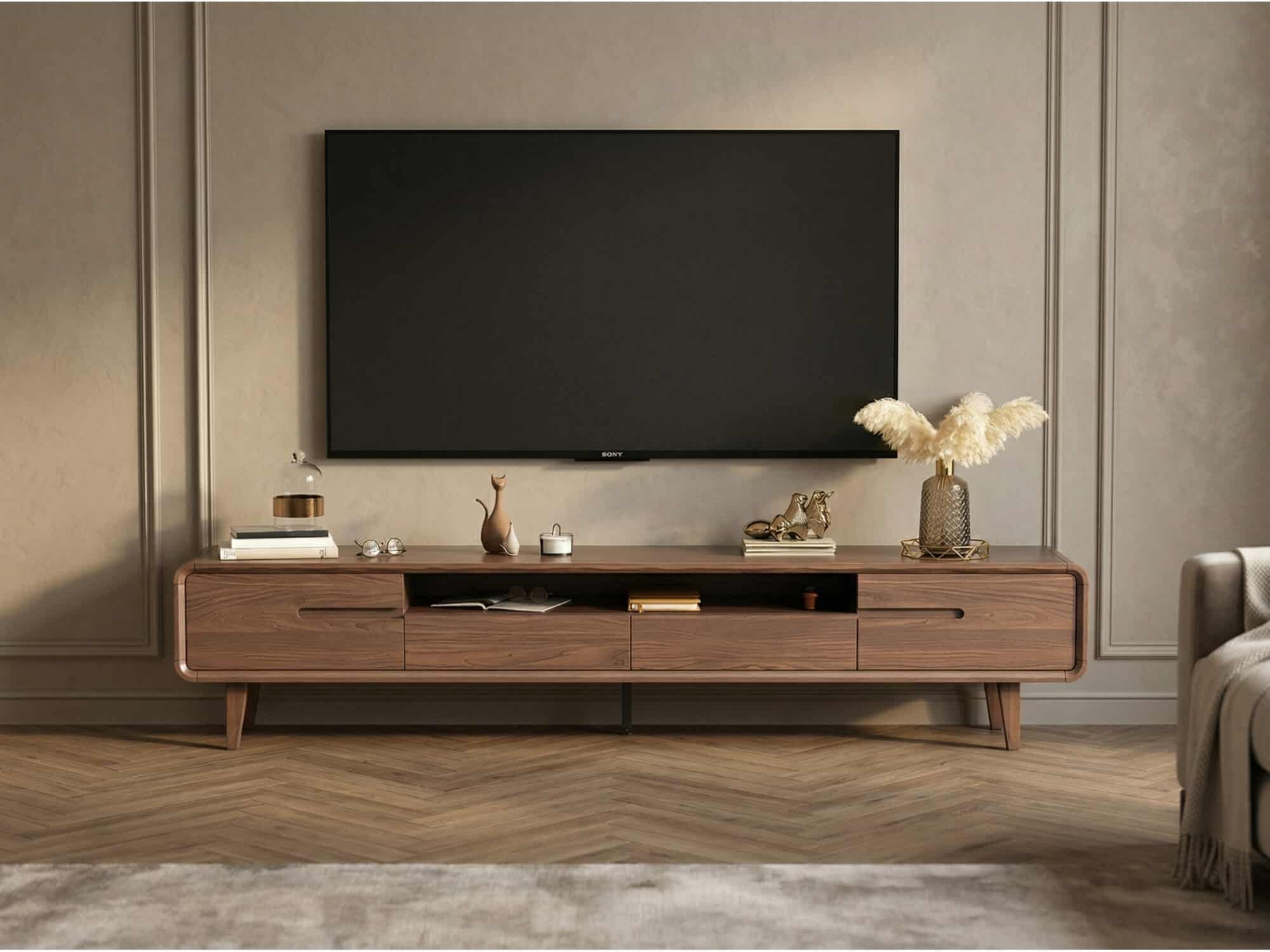 70.2'' Modern Walnut TV Stand Low Profile Wooden Media Console with Storage - scene - 商品主图 70.2'' Modern Walnut TV Stand Low Profile Wooden Media Console with Storage 商品主图 scene