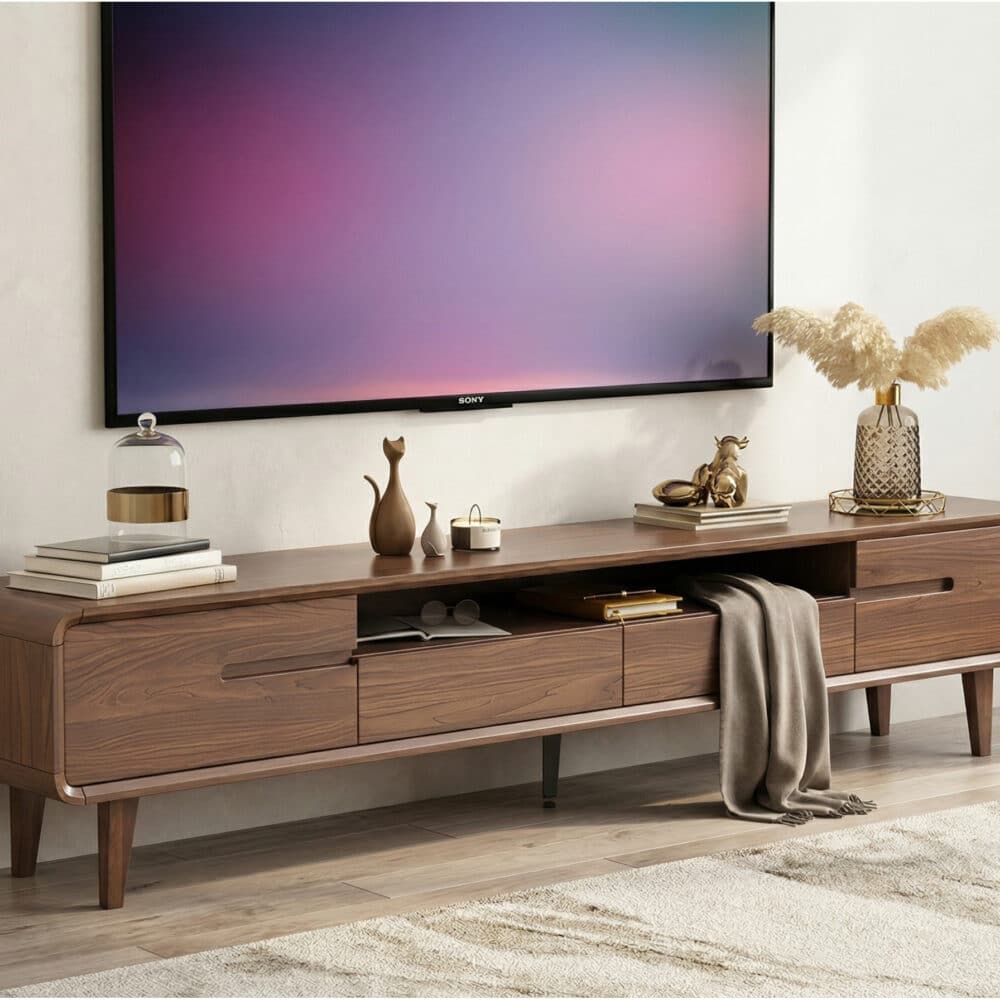 70.2'' Modern Walnut TV Stand Low Profile Wooden Media Console with Storage - scene - 相册图 #1 70.2'' Modern Walnut TV Stand Low Profile Wooden Media Console with Storage 相册图 #1 scene