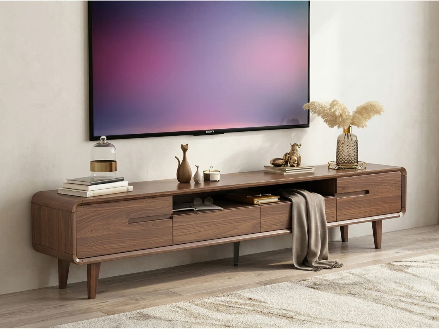 70.2'' Modern Walnut TV Stand Low Profile Wooden Media Console with Storage 相册图 #1 scene