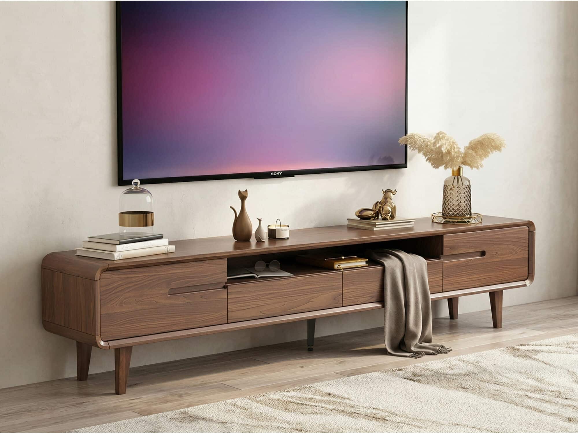 70.2'' Modern Walnut TV Stand Low Profile Wooden Media Console with Storage - scene - 相册图 #1 70.2'' Modern Walnut TV Stand Low Profile Wooden Media Console with Storage 相册图 #1 scene