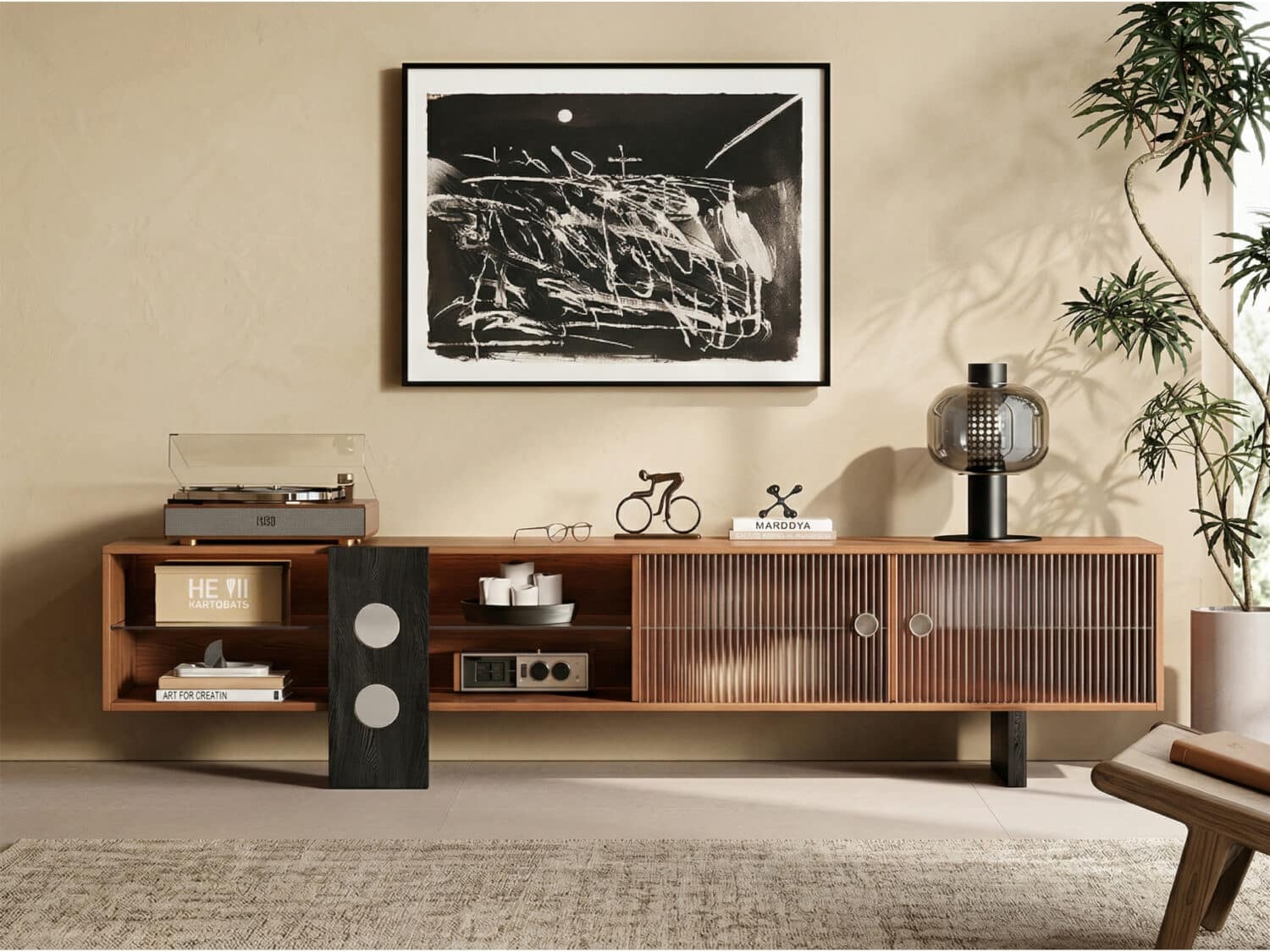 70.2‘’Mid-Century Modern TV Stand with Record Player Shelf - Wood Storage  Easy Organization 商品主图 scene