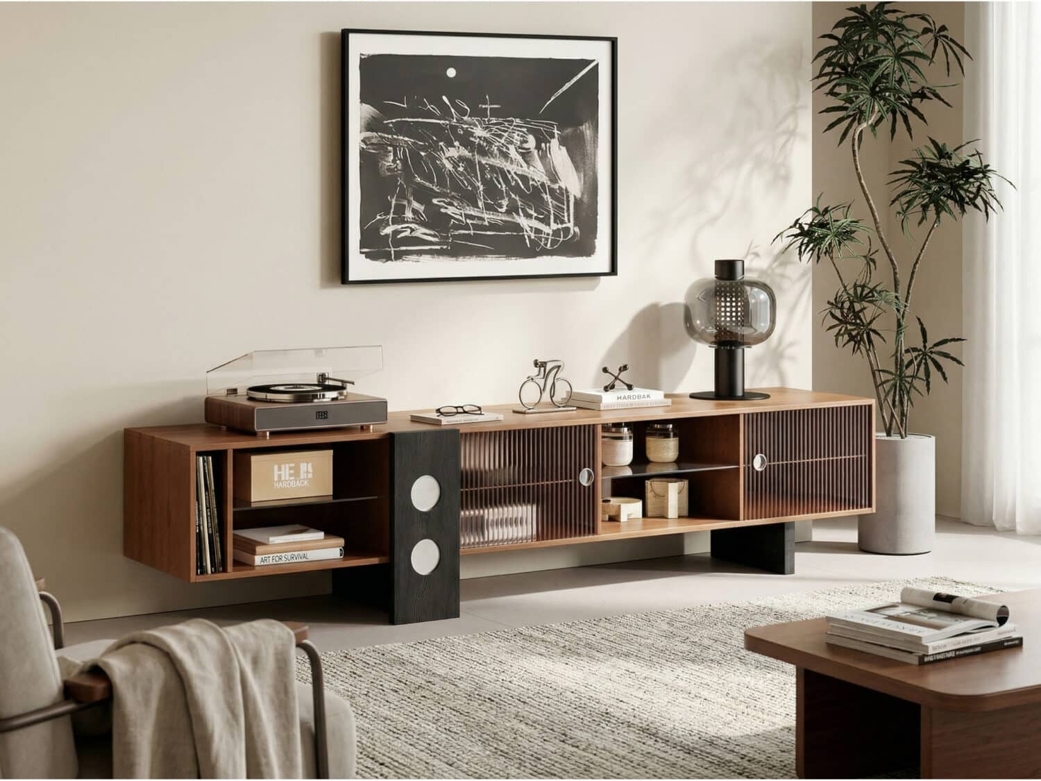 70.2‘’Mid-Century Modern TV Stand with Record Player Shelf - Wood Storage  Easy Organization 相册图 #1 scene