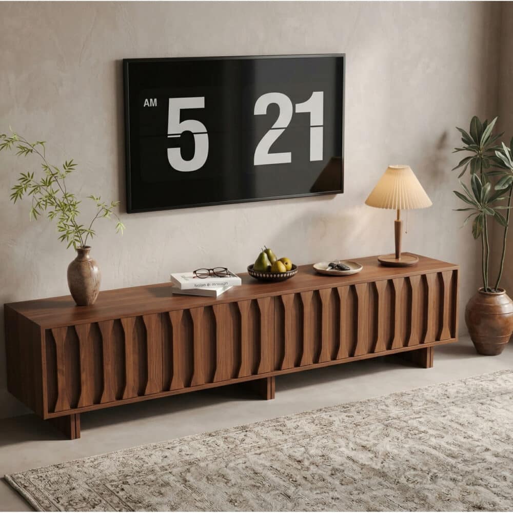 70.8'' Japanese-Style Wood TV Stand with Carved Sliding Doors Minimalist Low Media Console - scene - 商品主图 70.8'' Japanese-Style Wood TV Stand with Carved Sliding Doors Minimalist Low Media Console 商品主图 scene