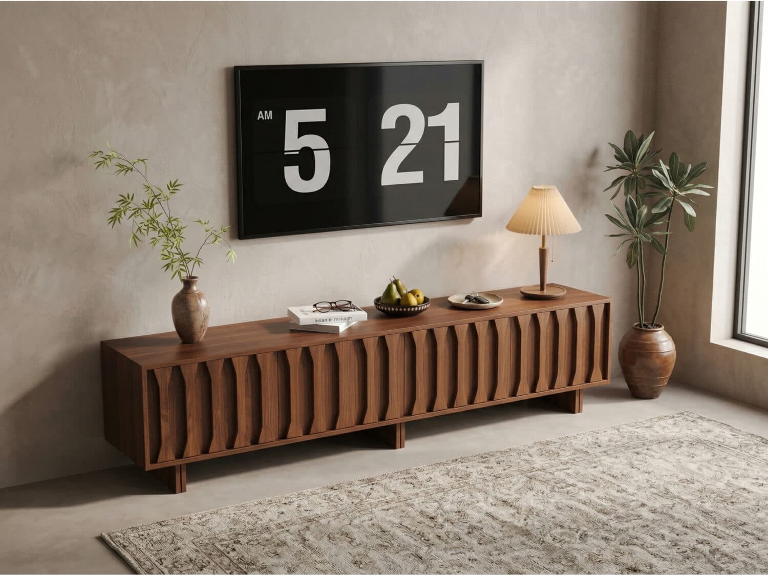 70.8'' Japanese-Style Wood TV Stand with Carved Sliding Doors Minimalist Low Media Console - scene - 商品主图 70.8'' Japanese-Style Wood TV Stand with Carved Sliding Doors Minimalist Low Media Console 商品主图 scene