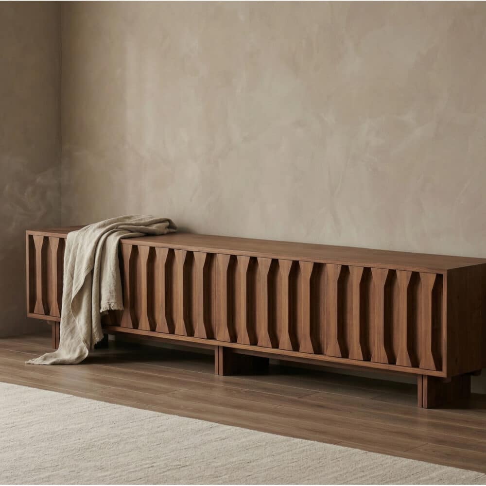 70.8'' Japanese-Style Wood TV Stand with Carved Sliding Doors Minimalist Low Media Console - scene - 相册图 #1 70.8'' Japanese-Style Wood TV Stand with Carved Sliding Doors Minimalist Low Media Console 相册图 #1 scene