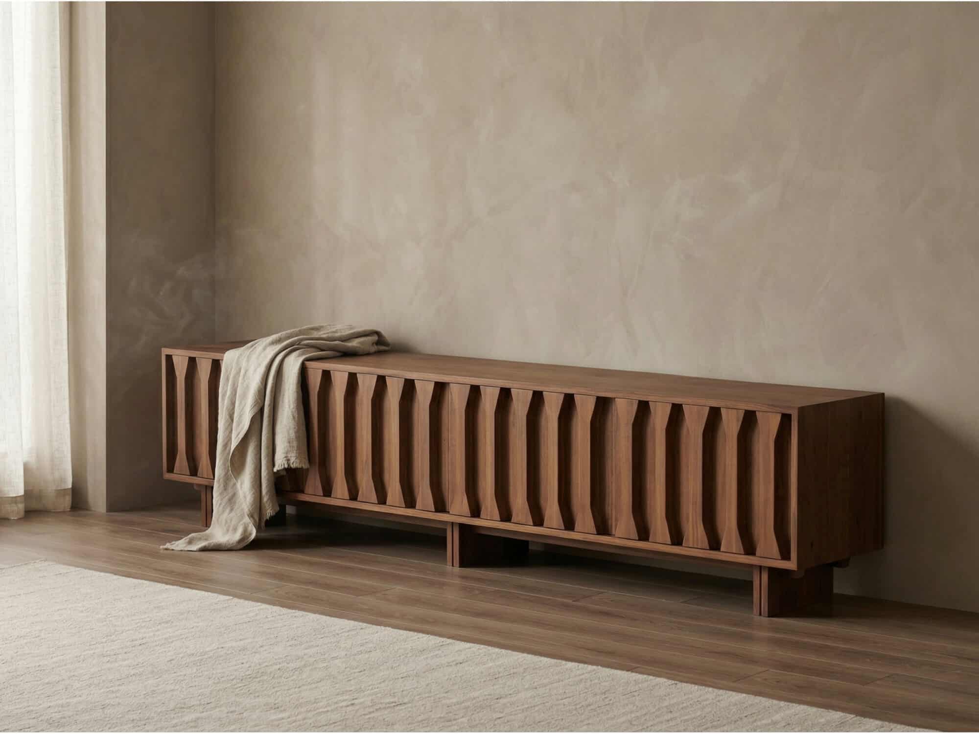 70.8'' Japanese-Style Wood TV Stand with Carved Sliding Doors Minimalist Low Media Console - scene - 相册图 #1 70.8'' Japanese-Style Wood TV Stand with Carved Sliding Doors Minimalist Low Media Console 相册图 #1 scene