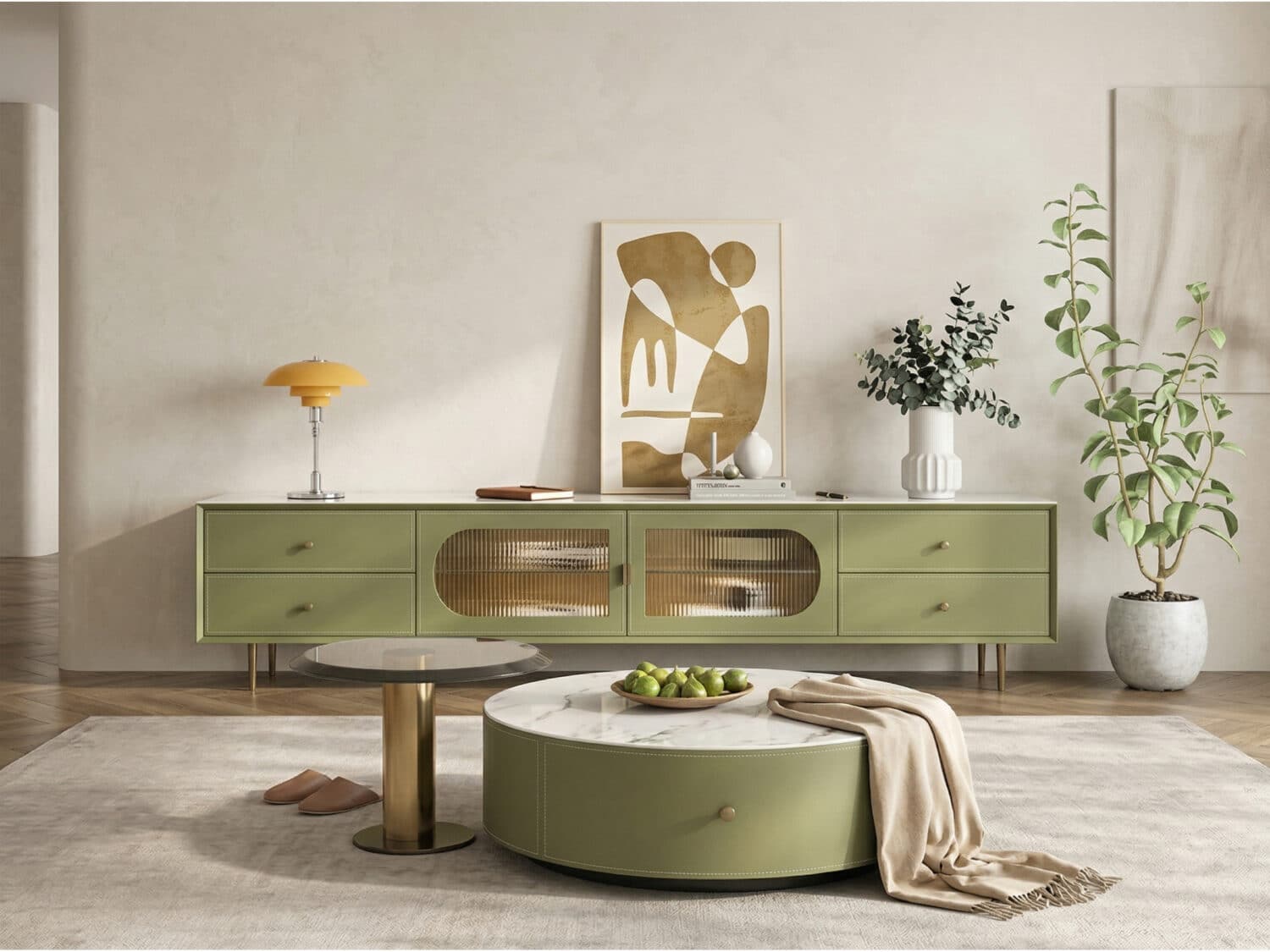 70.87" Modern Green TV Stand with Gold-Ribbed Glass Doors & Storage Drawers 相册图 #2 scene