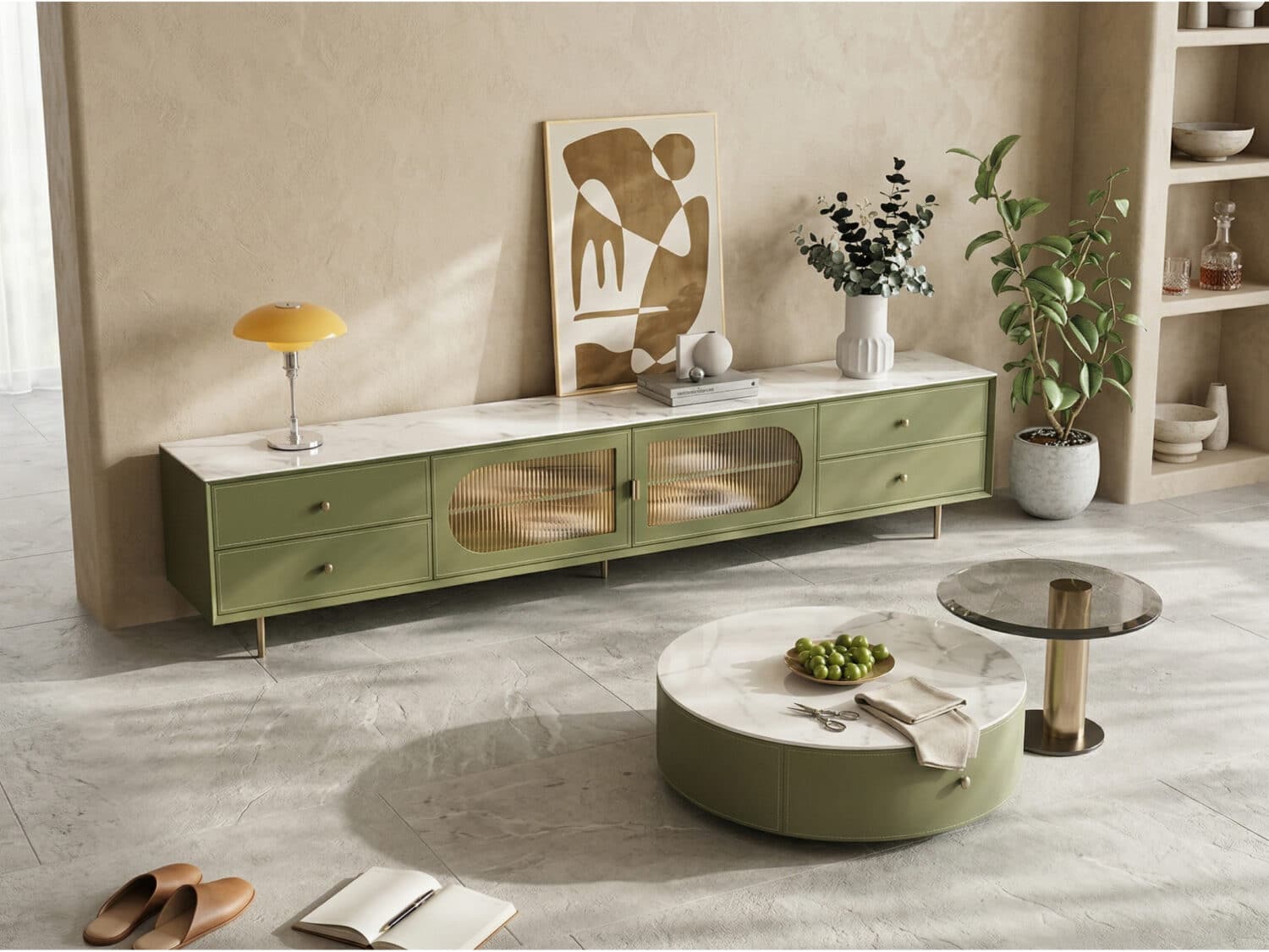70.87" Modern Green TV Stand with Gold-Ribbed Glass Doors & Storage Drawers 相册图 #3 scene