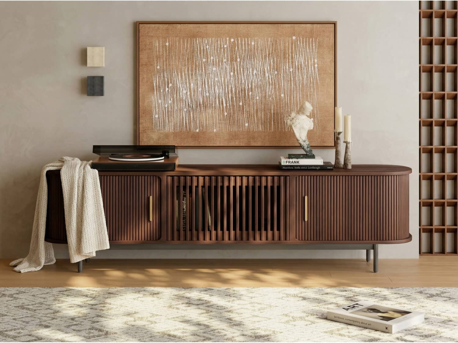 70" Mid-Century Fluted Sliding Door TV Stand 商品主图 scene