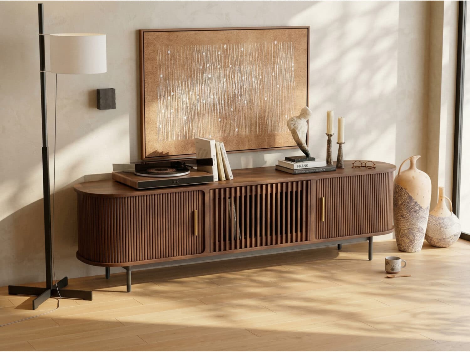 70" Mid-Century Fluted Sliding Door TV Stand 相册图 #1 scene